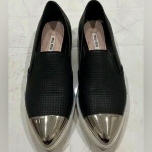 Miu Miu Black Slip-on Sneaker, Perforated Metal Cap Toe w/Logo, Sz 37.5